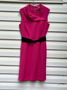 Classically Tailored Sleeveless Midi Dress in Hot Pink with Black Belt